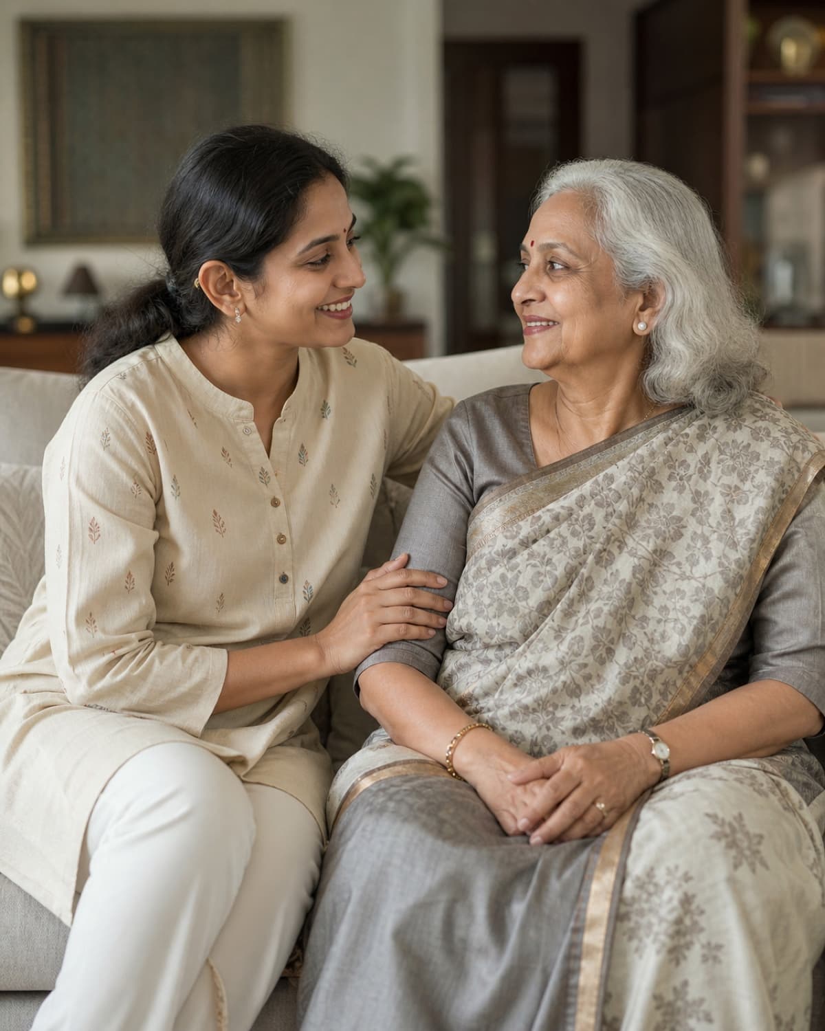 A Kareverse Care Manager with an elderly parent at home in Bangalore