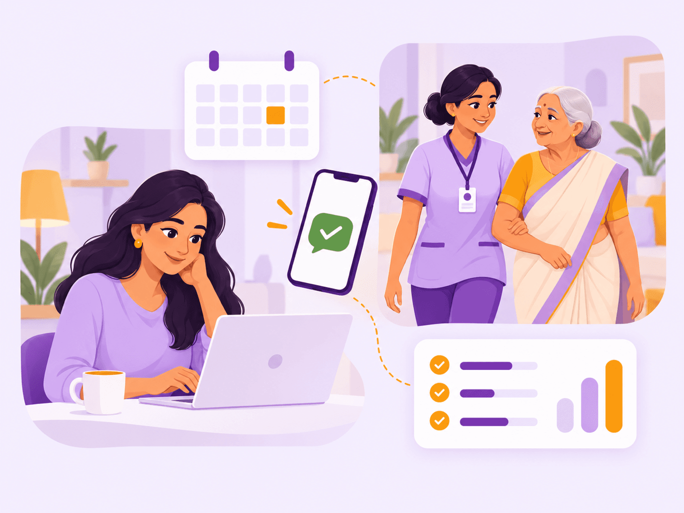 A daughter booking help online while a Kareverse caregiver walks with her mother