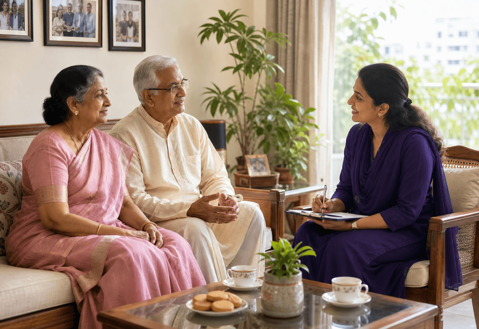 A Kareverse Care Manager with an elderly couple at home in Bangalore