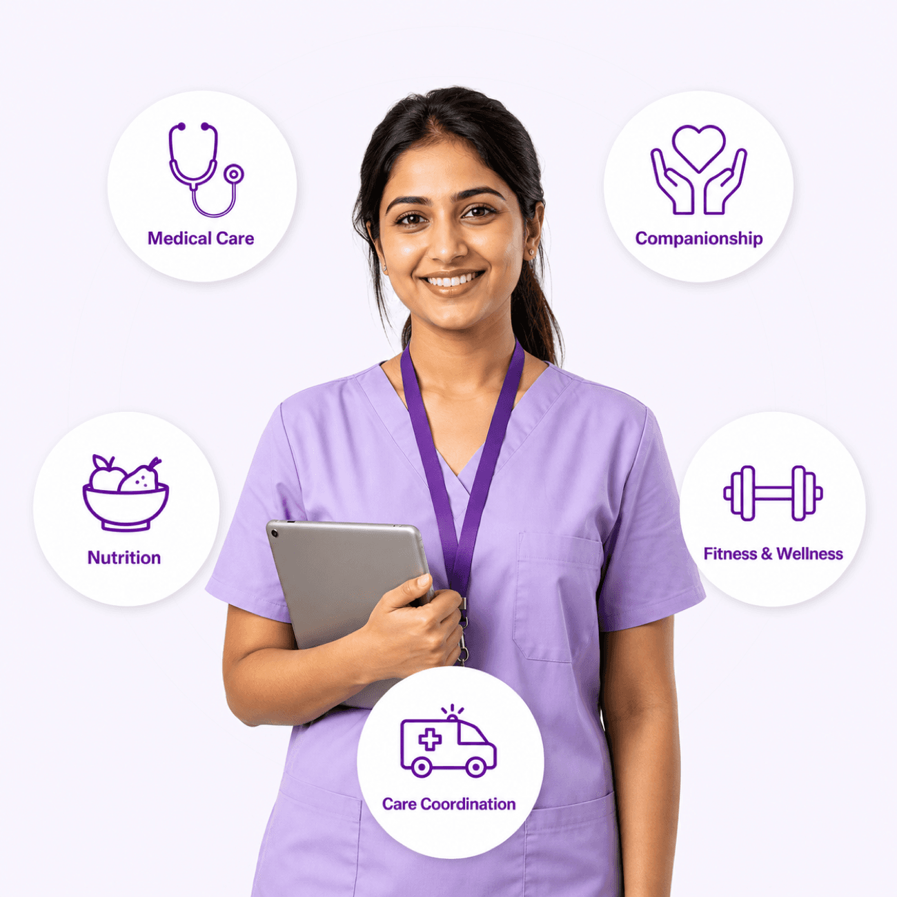 A Kareverse Care Manager coordinating medical care, companionship, nutrition, fitness and wellness, and care coordination