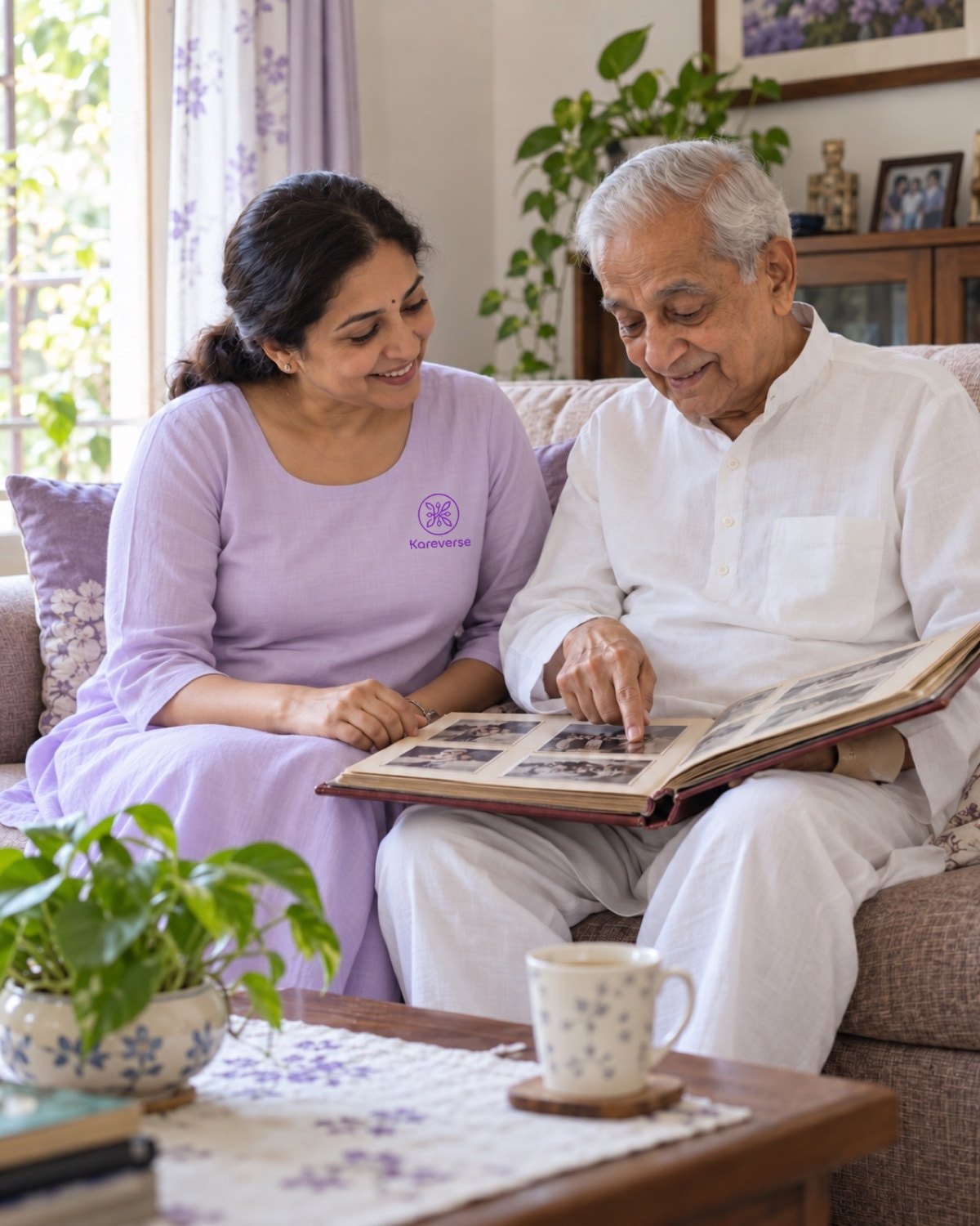 A KareGuardian looking through a family photo album with an older man at his home in Bangalore