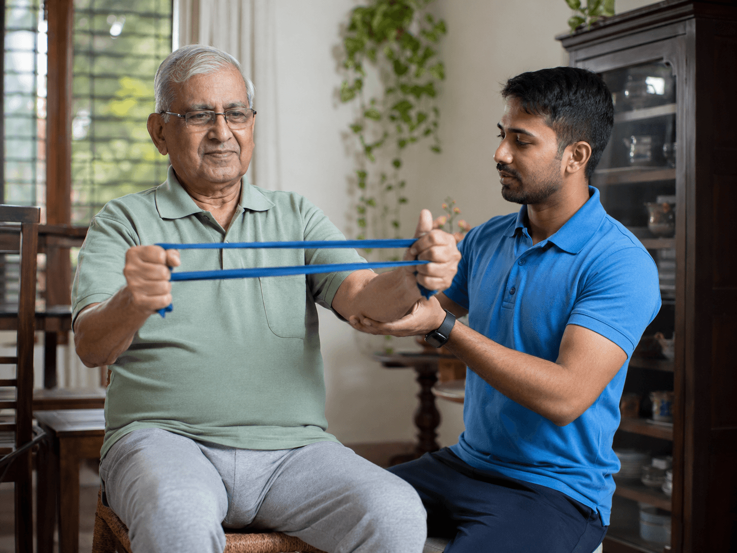 Senior doing resistance band exercises with a physiotherapist at home