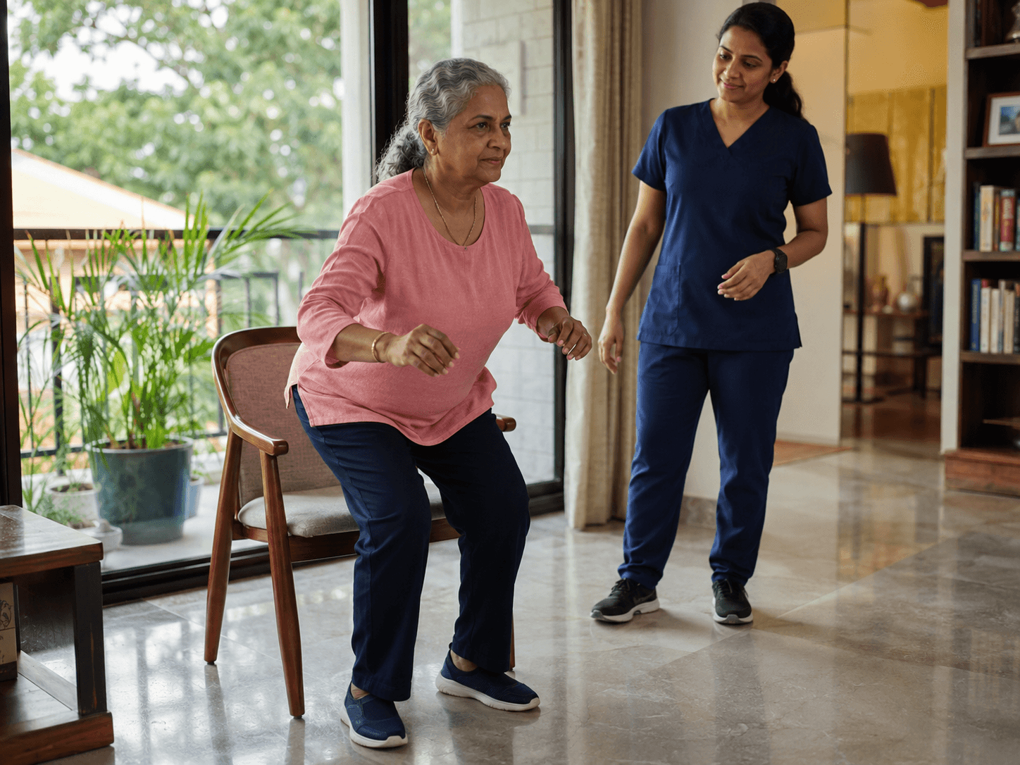 Senior woman doing chair stand exercise with therapist guidance