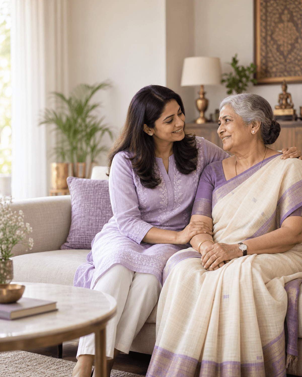 A Kareverse Care Manager sharing a warm moment with an elderly parent at home in Bangalore