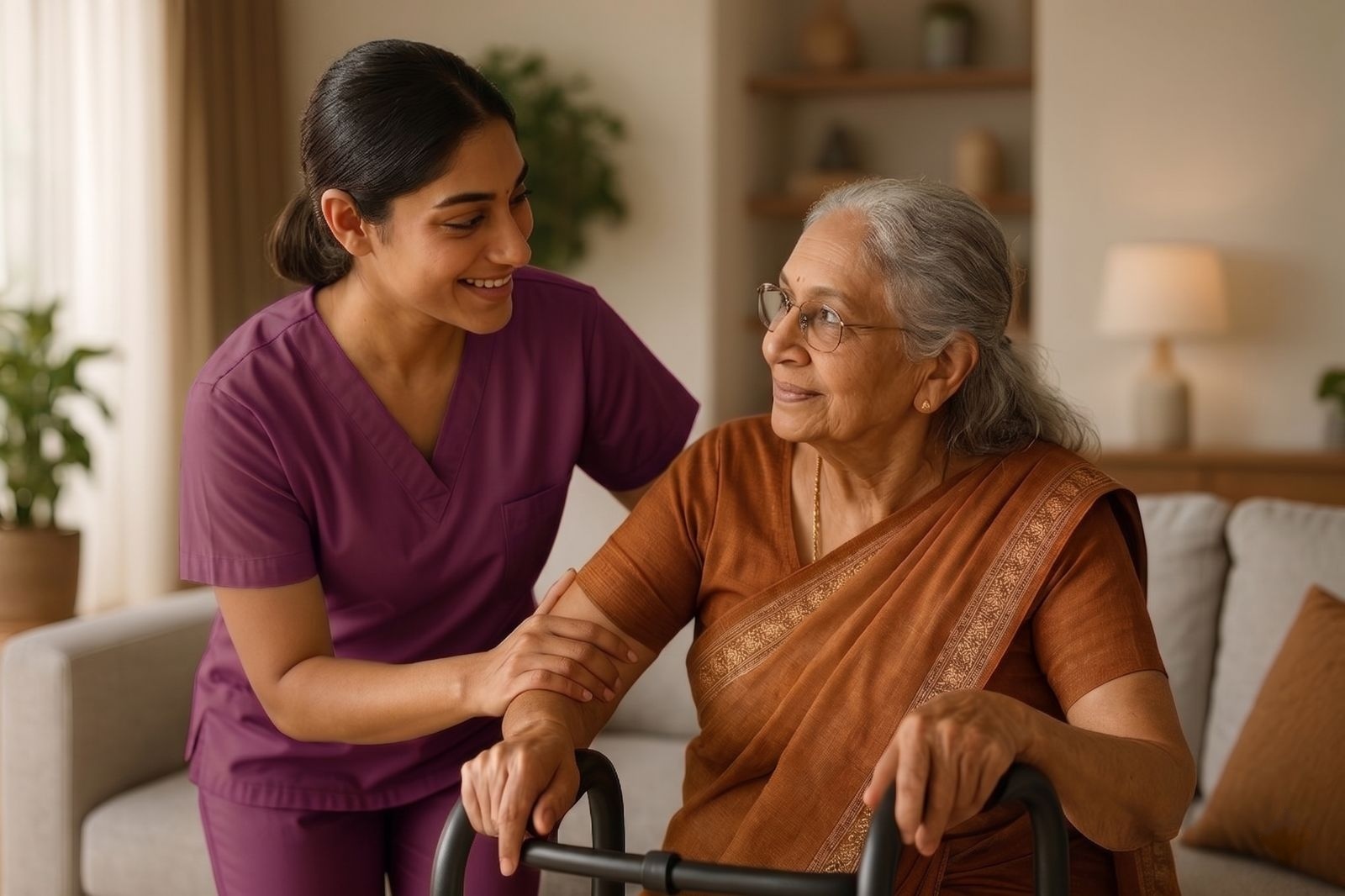 Indian caregiver assisting an elderly patient with mobility